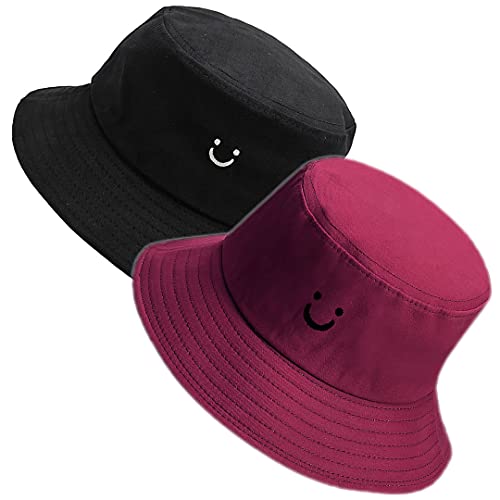 MaxNova Bucket Hats Summer Travel Beach Sun Hat Outdoor Cap Unisex 2pack - color: Black/Burgundy