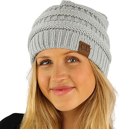 CC Classic Winter Fall Trendy Chunky Stretchy Cable Knit Beanie Hat - color: Solid Mercury