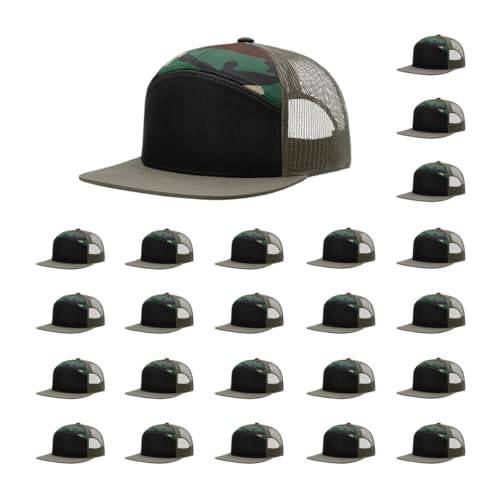 Richardson 168 Hi-Pro 7 Panel Adjustable Snapback Trucker Mesh Back Cap - color: Black/Green Camo/Loden