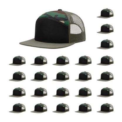 Richardson 168 Hi-Pro 7 Panel Adjustable Snapback Trucker Mesh Back Cap - color: Black/Green Camo/Loden