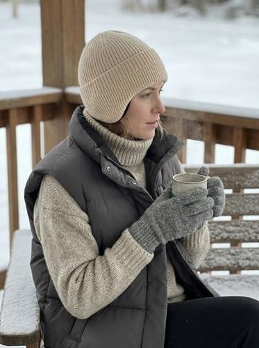 Winter Beanie for Men Women with Earflap, Fleece Lined Beanie Soft Warm Knit Hat Ski Stocking Cuffed Cap - color: Beige