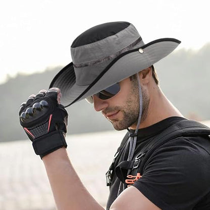 Men's Beach-Sun-Hat Wide-Brim Sun-Protection-Fishing Hat Outdoor Boonie Hat - color: Grey and Black