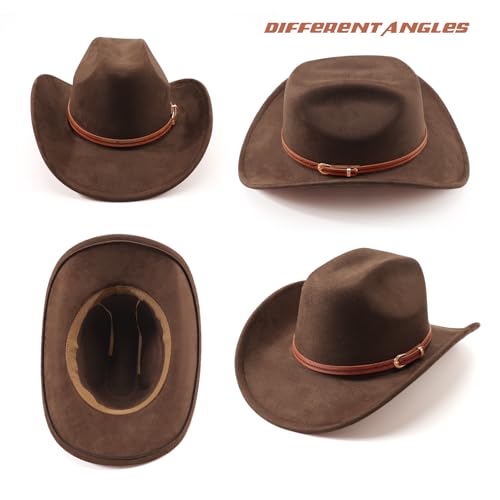 DRESHOW Cowboy Hat for Women and Men Wide Brim Western Cowboy Cowgirl Hat with Belt Buckle Unisex Rolled up Caps - color: Deep Coffee