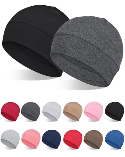 FocusCare 2Pcs/4Pcs 100% Viscose Beanies for Men Women Helmet Liner Lightweight Sleeping Cap for Chemo Hair Loss - color: Black & Dark Health Grey
