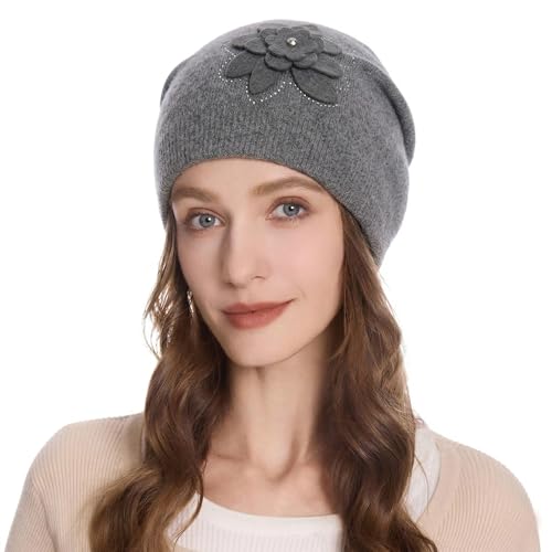 ZLYC Women Floral Slouchy Beanie Hat Double Layer Winter Knit Skull Cap - color: Flower Gray