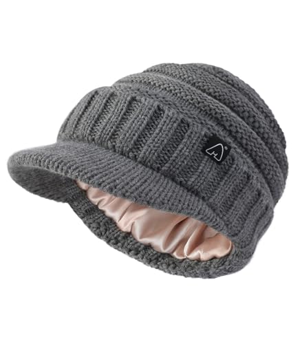 Hat Hut Beanie Hats for Women Men Satin Lined Winter Hats for Women Slouchy Beanies Satin Lined Beanie with Brim Visor - color: Grey Heather