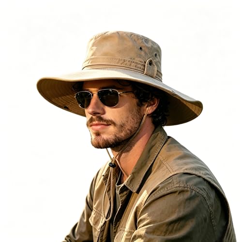 Sun Fishing Hat for Men UPF 50+ Wide Brim Boonie Hats for Summer - color: Khaki