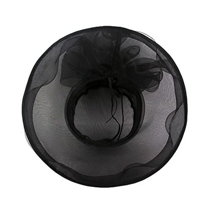 Haoohu Women's Church Derby Hat Wide Brim Bow Bucket Hat Wedding Dress Hat Fascinator Bridal Tea Party Hat - color: F-black