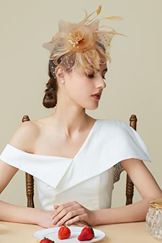 BABEYOND Fascinators Hats for Women Tea Party Flower Tulle Bead Derby Hat - color: Gold