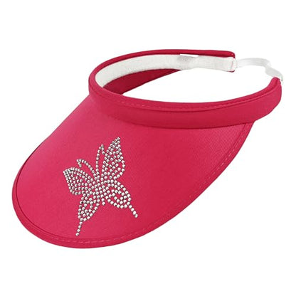 Sun Visors Hats Women Rhinestone Butterfly Wide Brim Hat Adjustable Golf Tennis Beach Sports Caps - color: Butterfly-rose Red