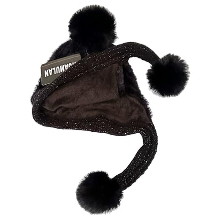 HUAMULAN Women Winter Sherpa Knit Beanie Hats with Pom Poms Ear Flaps - color: Black