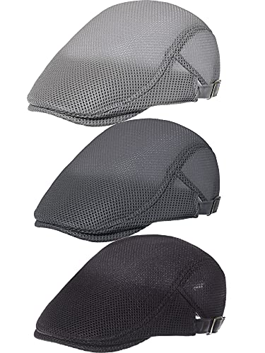 Geyoga 3 Pcs Mesh Newsboy Cap, Adjustable Mesh Cap - color: Light Gray, Deep Gray, Black