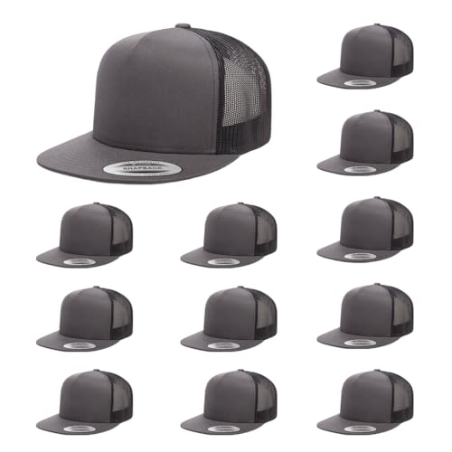 Yupoong 5-Panel YP Classic Trucker Cap | High Profile Flat Visor Snapback - color: Charcoal/Black