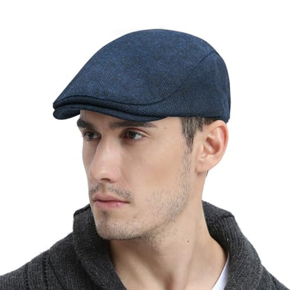 FEINION Men Wool Blend Flat Cap Tweed Newsboy Ivy Hat - color: Herringbone Navy