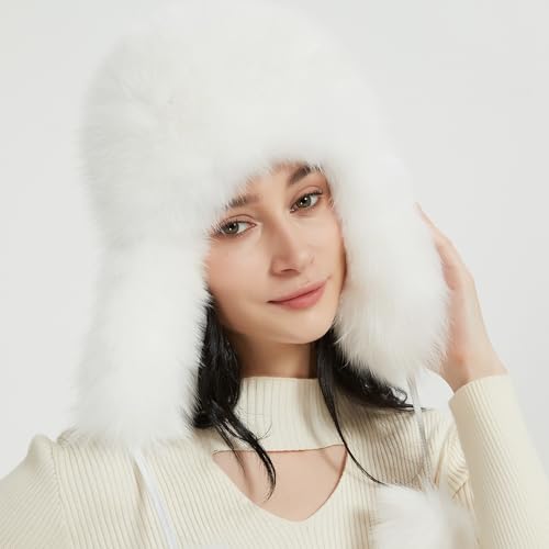 Women Real Fur Trapper Hat Sheepskin Leather Aviator Hat Ear Flaps Ushanka Hat Snow Hat with Pom Pom - color: White