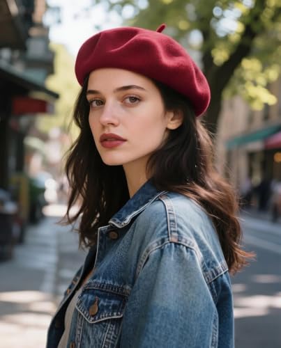 Wool French Beret Hats for Women Classic Winter Beanie Cap - color: Wine Red