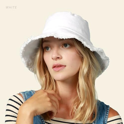 CHOK.LIDS Frayed Bucket Hat Washed Cotton Floppy Wide Brim Boonie Cap - color: White