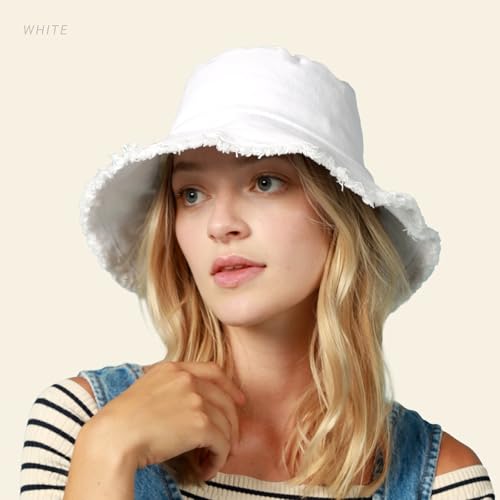 CHOK.LIDS Frayed Bucket Hat Washed Cotton Floppy Wide Brim Boonie Cap - color: White