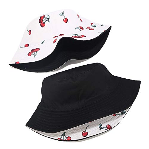 Unisex Print Double-Side-Wear Reversible Bucket Hat - color: Cherry White
