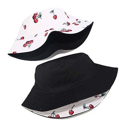 Unisex Print Double-Side-Wear Reversible Bucket Hat - color: Cherry White