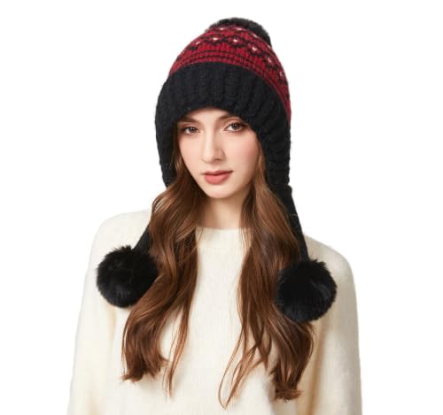 DOCILA Winter Beanie Hat for Women Warm Fleece Lined Pom Knit Earflap Hats Cute Outdoor Snow Ski Skull Cap - color: Blackred