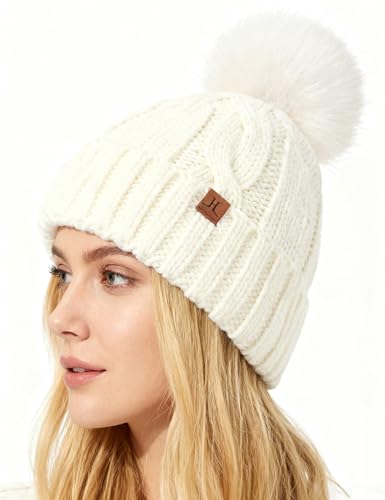 DS DADOU&XIAOSHAN Winter Hats for Women, Fleece Lined Beanie with Pom Pom, Girls Womens Knit Hat Beanies Toboggan - color: White