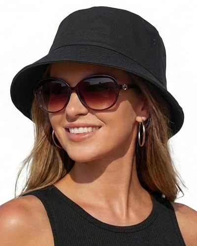 HONGTEYA Bucket Sun Hats for Woman Men Cotton Summer Beach Hat Golf Fishing - color: Black, size: Medium