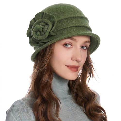 ZLYC Women Wool Cloche Bucket Hat 1920s Vintage Winter Hat with Flower - color: Floral Green