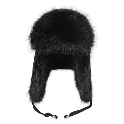 Winter Fuzzy Knit Trapper Hat with Faux Fur Earflap Fleece Lined Windproof Russian Ushanka Cap Ski Snow Hunting Hat - color: Black