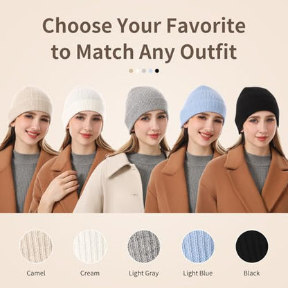 100% Cashmere Beanie for Women and Men, Soft Warm Winter Knit Hat - color: White