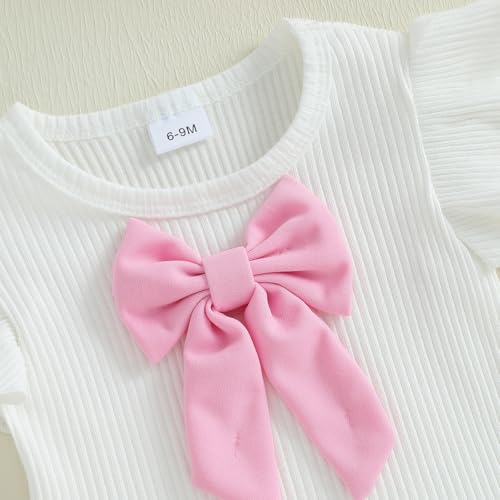Baby Girls Fly Sleeve 3D Bow Rib Knit Shirt + Irregular Skorts + Beret Hat - color: Pink, size: 9-12 Months
