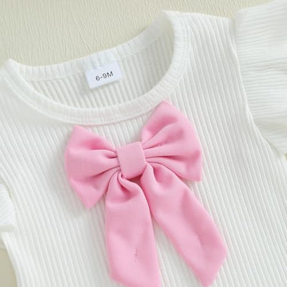 Baby Girls Fly Sleeve 3D Bow Rib Knit Shirt + Irregular Skorts + Beret Hat - color: Pink, size: 12-18 Months