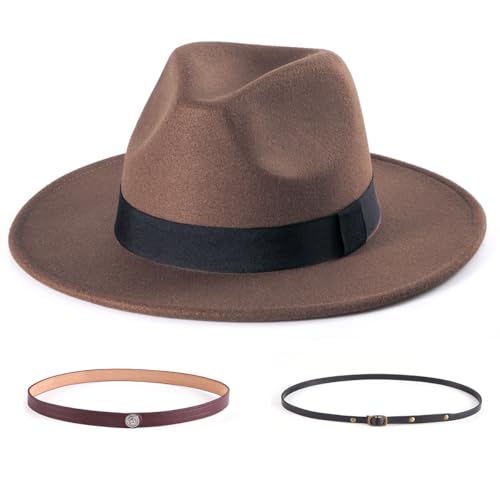 Felt Wide Brim Fedora Hats for Women Men, with Band Belt Buckle, Adjustable - color: P04 Mocha Brown