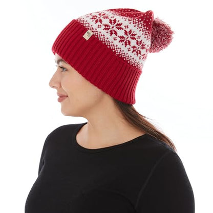100% Merino Wool - Midweight Cuff Pom Beanie - Winter Pom Pom Hat - color: True Red Natural Cream Snowflake