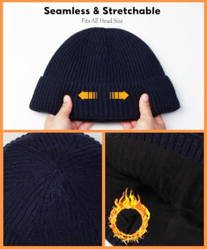 Heniho Wool Fleece Lined Fisherman Beanie for Men, Winter Warm Hats Cuffed Knit Watch Cap Trawler Hat - color: 1pack C- Navy