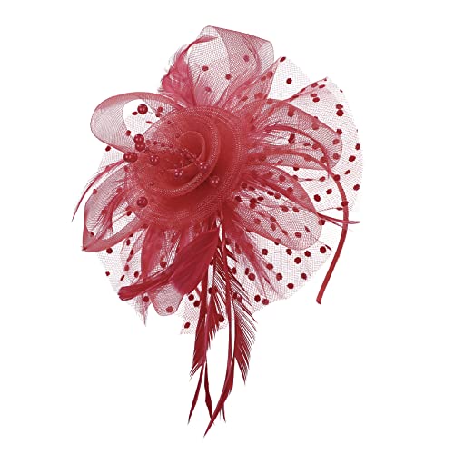 Century Star 2026 Kentucky Hat Derby Fascinator for Women Tea Party Flower Mesh Ribbons Feathers Headband Hair Clips - color: Red