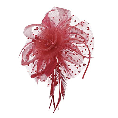 Century Star 2026 Kentucky Hat Derby Fascinator for Women Tea Party Flower Mesh Ribbons Feathers Headband Hair Clips - color: Red
