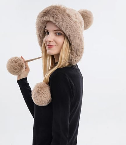 HUAMULAN Women Winter Sherpa Knit Beanie Hats Fleece Lined Ear Flaps - color: Khaki Solid