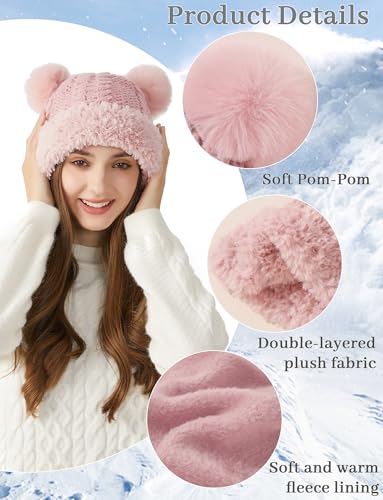 FEOYA Womens Knit Winter Beanie Hat with Faux Fur Pompom Fuzzy Cute Knit Fleece Lined Skull Cap - color: Pink
