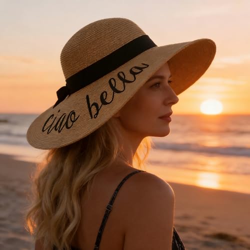 DRESHOW Big Straw Sun Hats for Women Floppy Foldable Roll up Beach Cap Sun Hat UPF 50+ Vacation Honeymoon Embroidered Hat - color: Ae Ciao Bella: Khaki