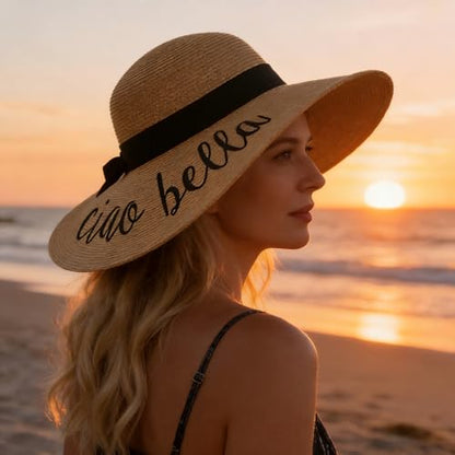 DRESHOW Big Straw Sun Hats for Women Floppy Foldable Roll up Beach Cap Sun Hat UPF 50+ Vacation Honeymoon Embroidered Hat - color: Ae Ciao Bella: Khaki