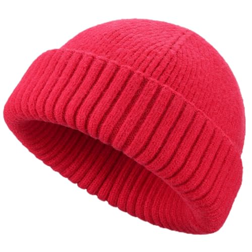Wool Short Fisherman Beanie for Men Women Double Cuffed Skull Caps - color: 1pcs-red