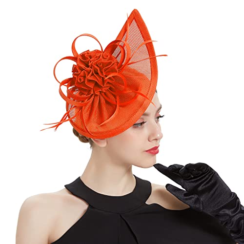 Fascinators Hat for Women Tea Party Headband Mini top Hats Cocktail Flower Mesh Feathers Hair Clip - color: Orange