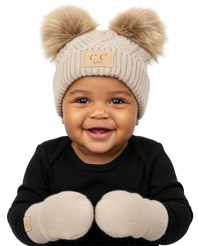 Funky Junque Baby Double Faux Fur Pom Pom Beanie & Mittens Set – Newborn Infant 0–9 Months Winter Hat with Soft Lined Mittens - color: Diagonal Basketweave: Beige (0-9 Months)