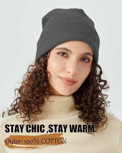 Satin Lined Knit Beanie Hat-100% Cotton Winter Hats for Women Men - color: 1-charcoal Grey