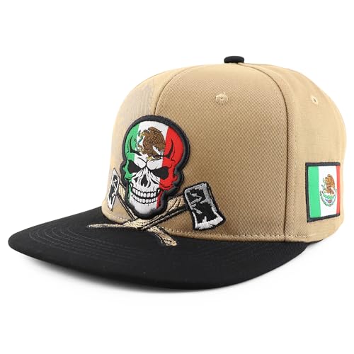 Trendy Apparel Shop Mexico Eagle Skull Head with Cross Axe Embroidered Snapback Cap - color: Khaki Black