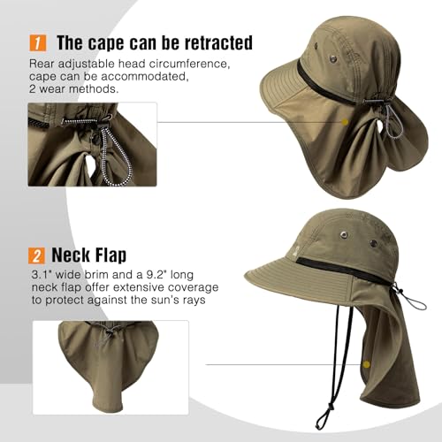 TOP-EX Oversized UPF50+ Sun Hat for Big Heads with Neck Flap & Wide Brim - color: Army Green, size: X-Large-XX-Large