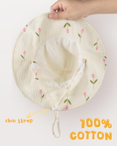 HONGTEYA Baby Sun Hat Muslin Wide Brim Toddler Girl Beach Bucket Hat - color: Rose/Pinktulip, size: 0-6 Months