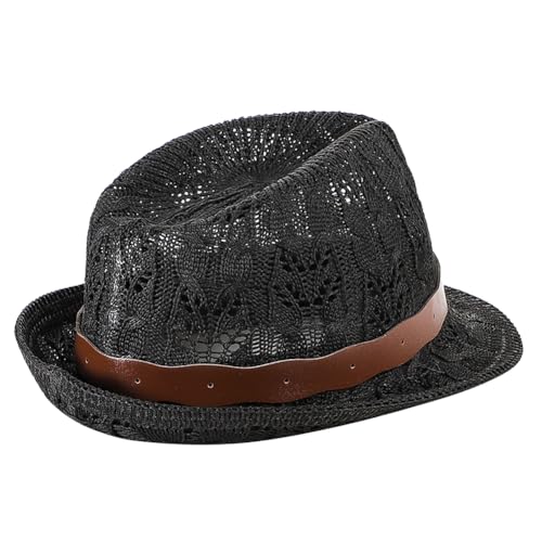 Unisex Summer Mesh Fedora Hat Sun Short Brim Panama Hat Beach Hat Packable Breathable Classic Retro Trilby Hat - color: Black