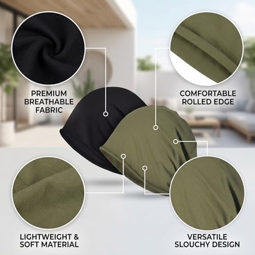 Summer Beanie for Men, 2PCS Lightweight Cotton Summer Hats for Women Men, Breathable Headwear for Outdoor Activities and Sensitive Scalp, Chemo Skull Cap Baggy Headwear Black